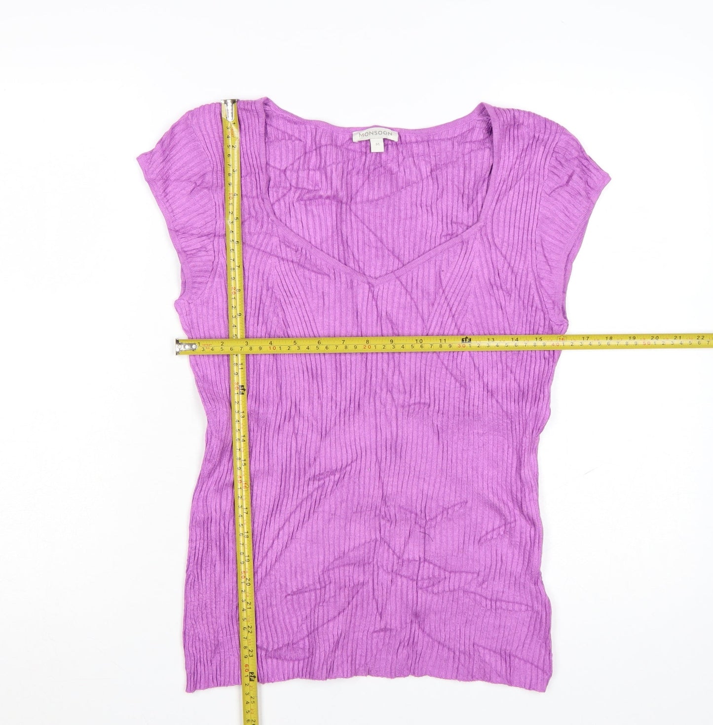 Monsoon Women's Purple V-Neck Ribbed Knit T-Shirt Size M