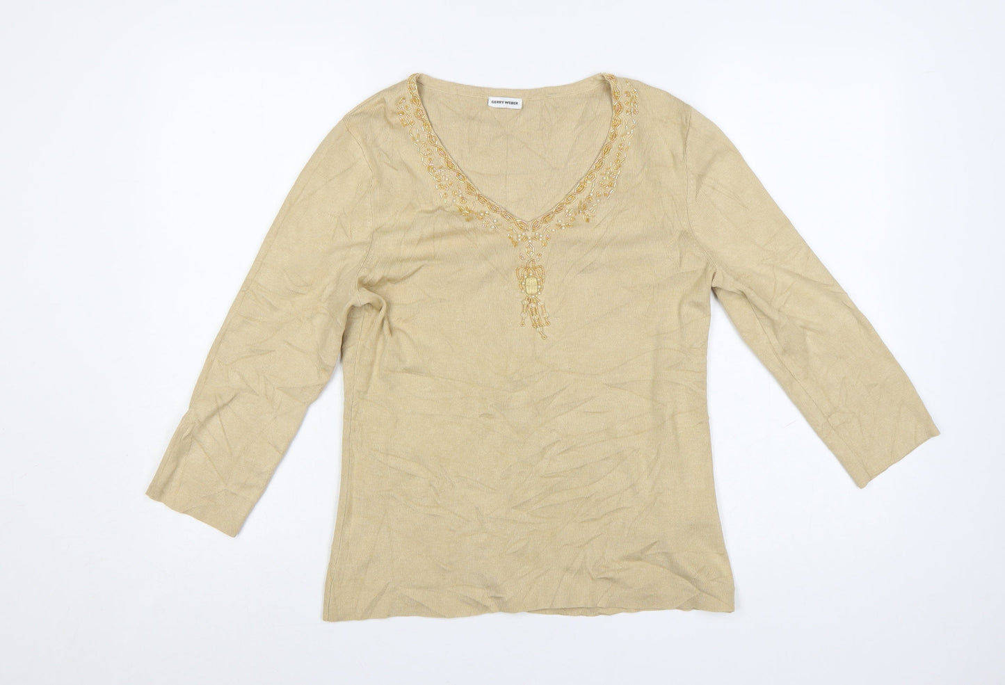 Gerry Weber Women Beige Beaded V-Neck 3/4 Sleeve Pullover Jumper Size 10