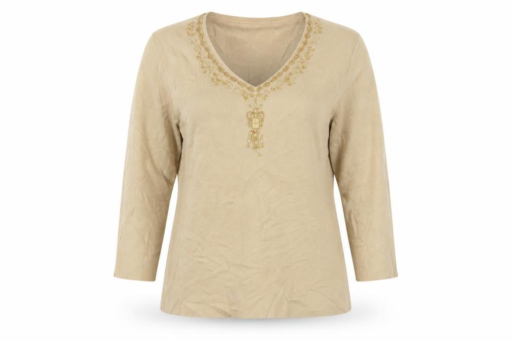 Gerry Weber Women Beige Beaded V-Neck 3/4 Sleeve Pullover Jumper Size 10