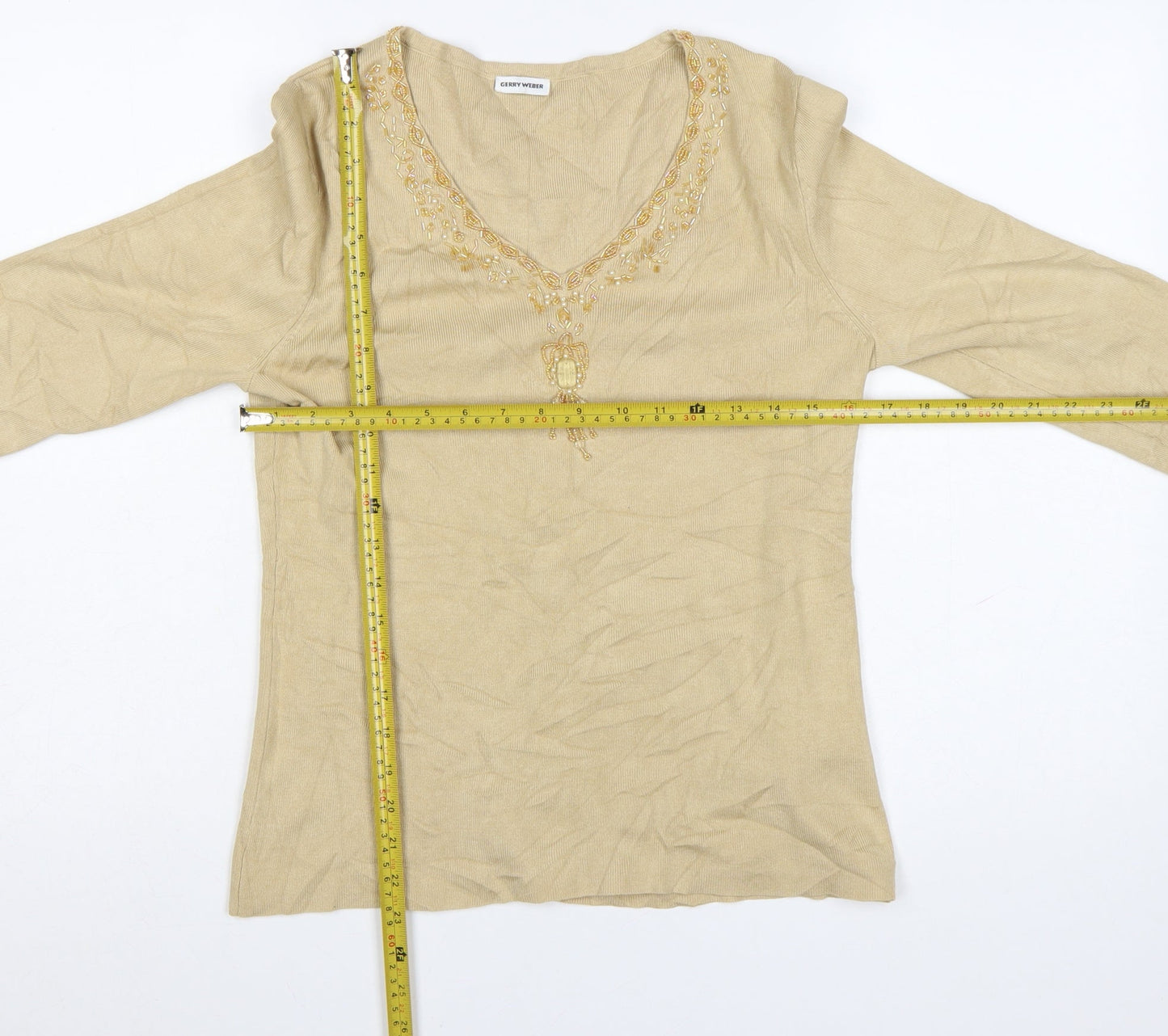 Gerry Weber Women Beige Beaded V-Neck 3/4 Sleeve Pullover Jumper Size 10