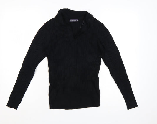 Marks and Spencer Women's Black Collared Ribbed Pullover Jumper Size 10