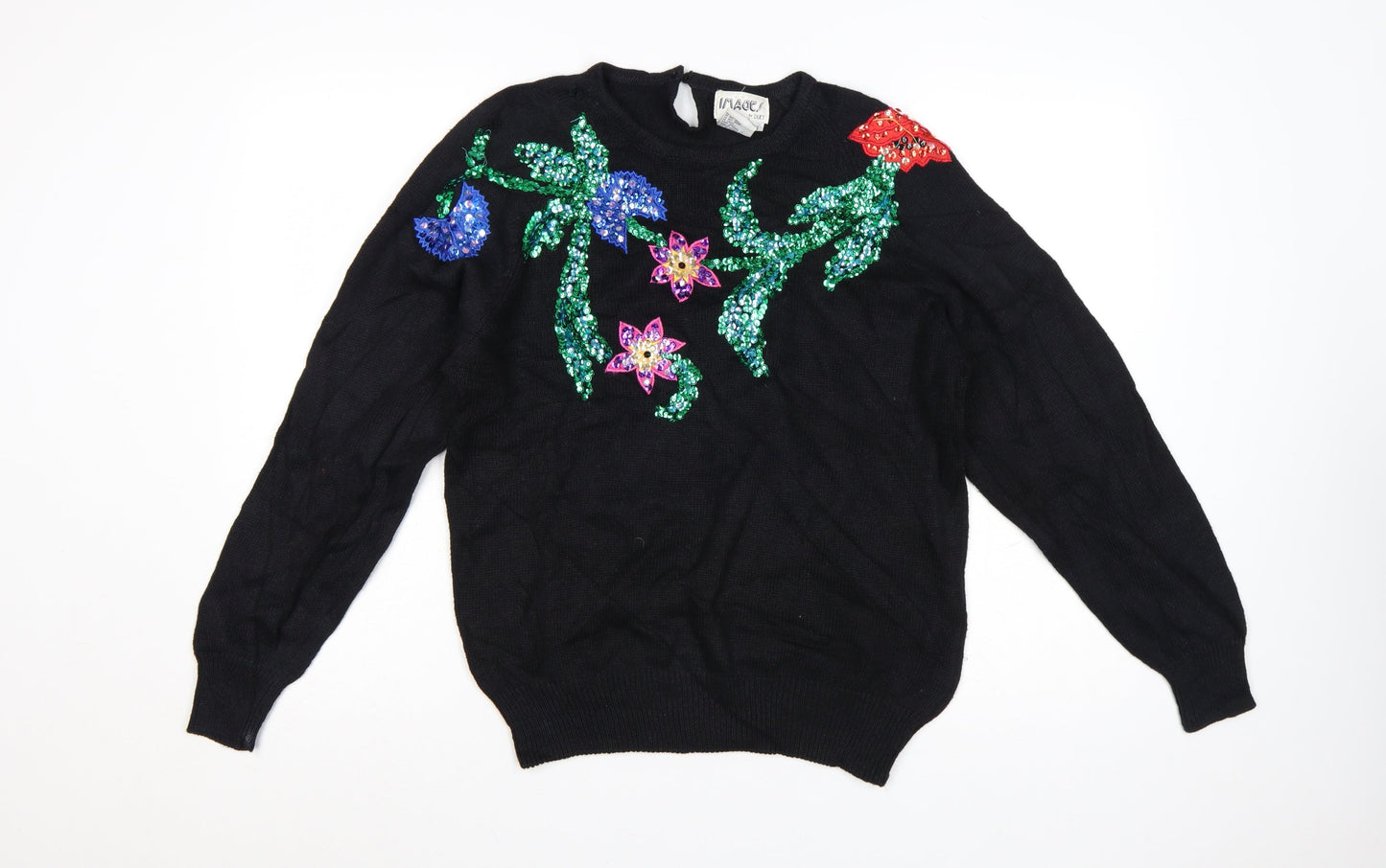 Images by Duet Womens Black Sequin Floral 80s Vintage Pullover Jumper M