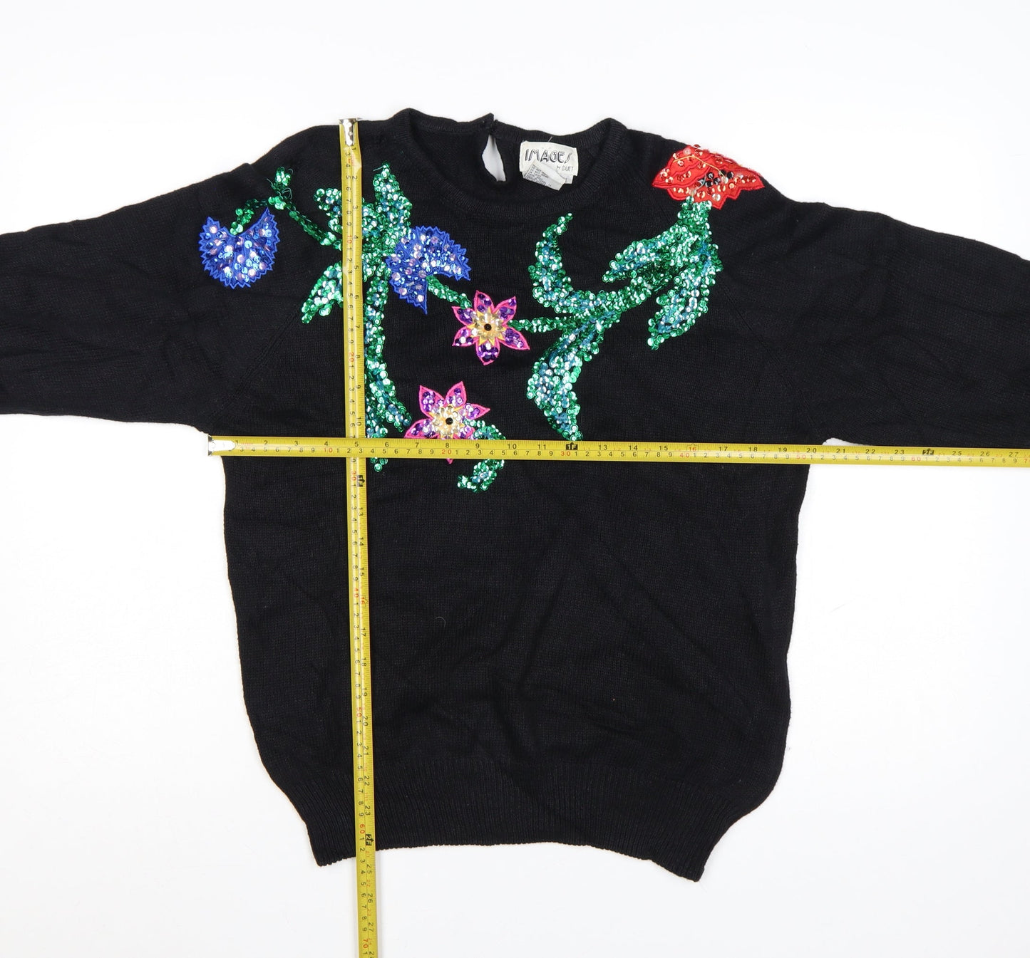 Images by Duet Womens Black Sequin Floral 80s Vintage Pullover Jumper M