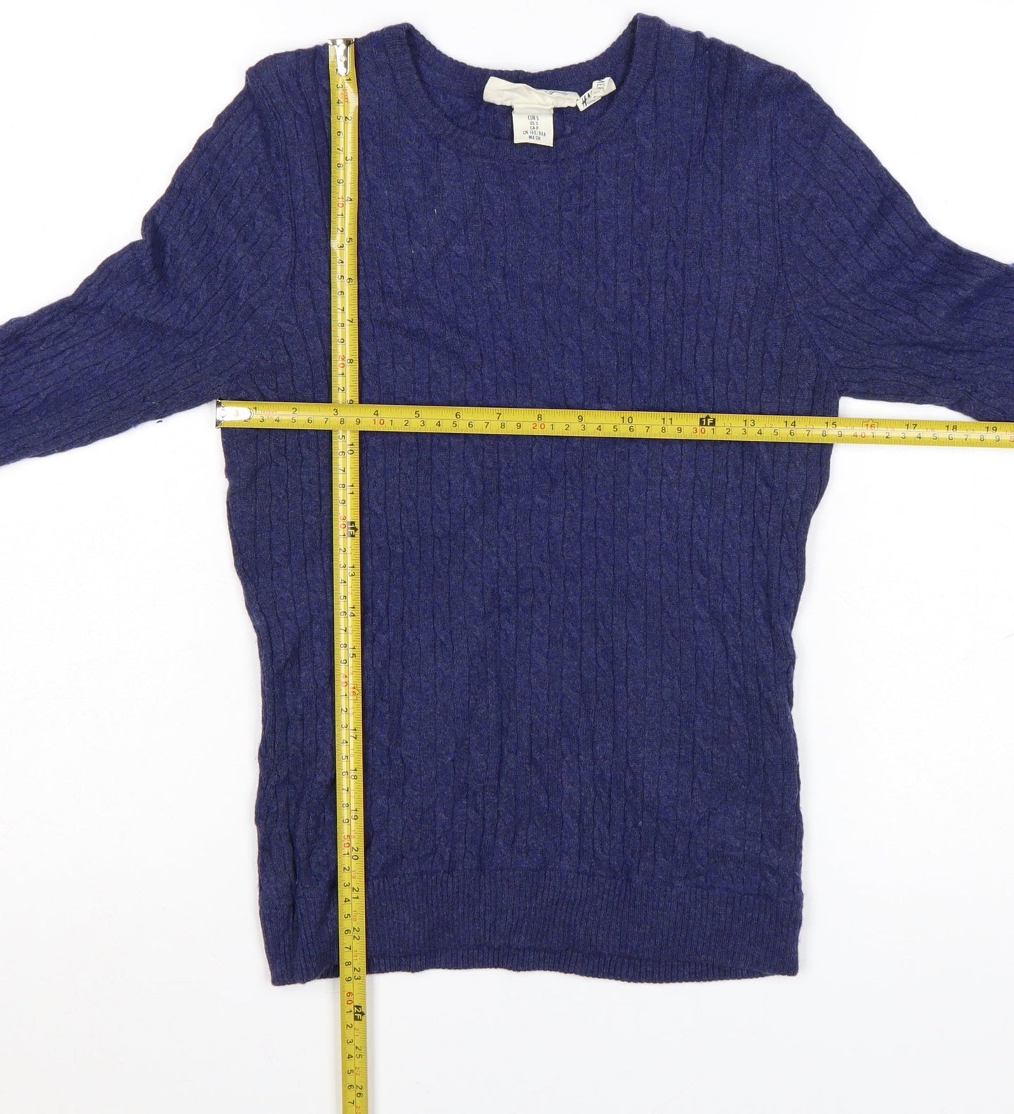 H&M Women’s Blue Merino Wool Blend Cable-Knit Jumper Size 10
