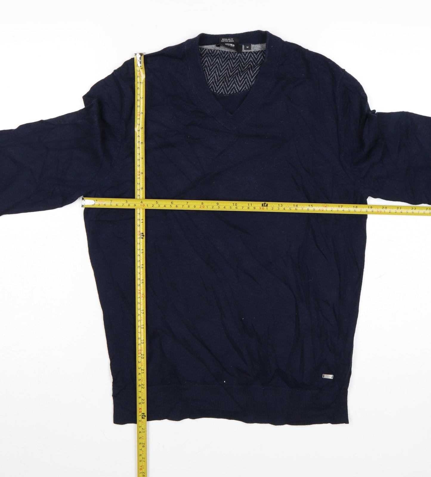Hugo Boss Men's Blue V-Neck Cotton Wool Jumper M Regular Fit