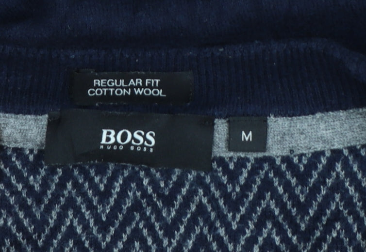 Hugo Boss Men's Blue V-Neck Cotton Wool Jumper M Regular Fit