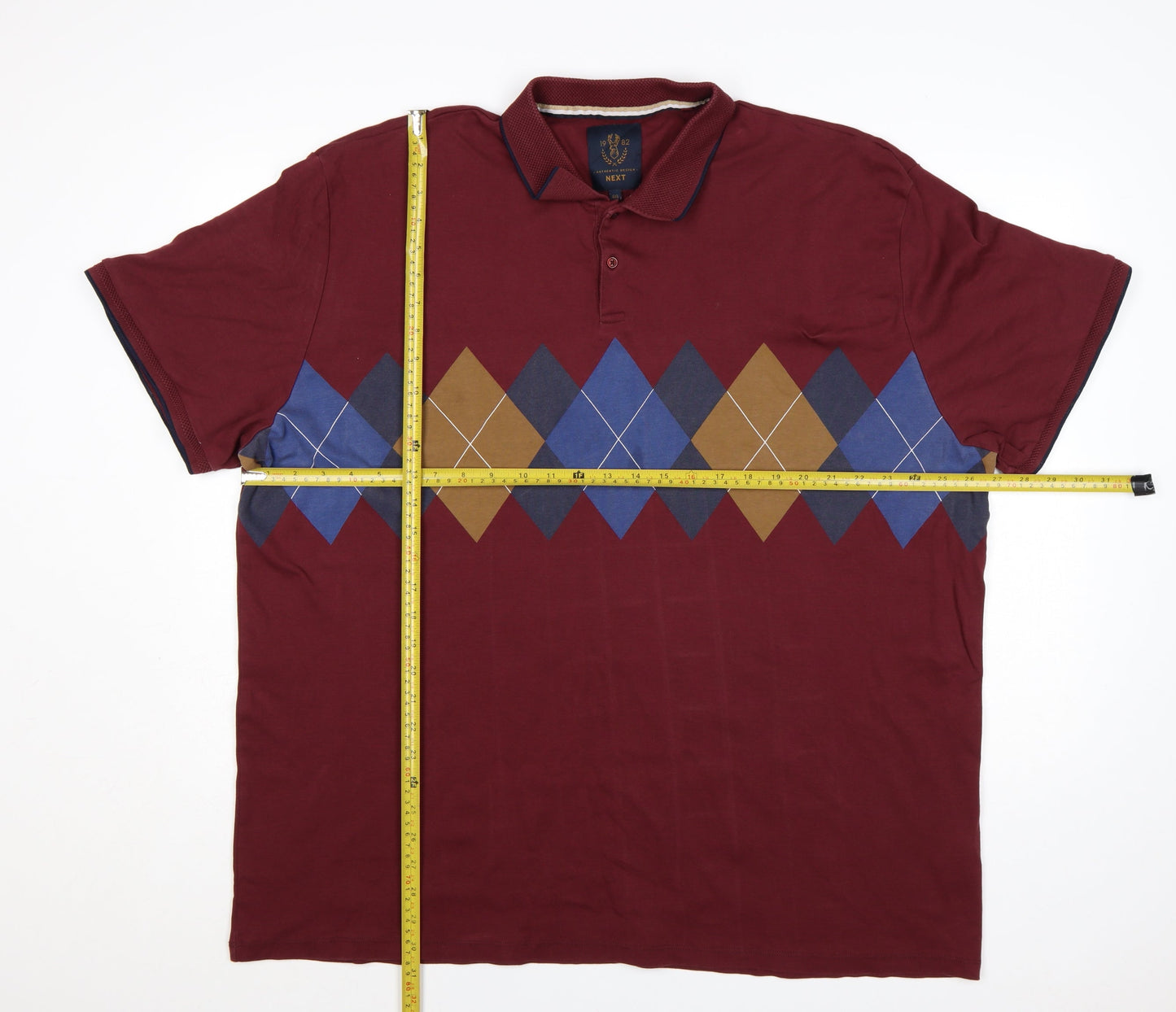 Next Men's Red Argyle Cotton Polo Shirt 4XL Regular Fit