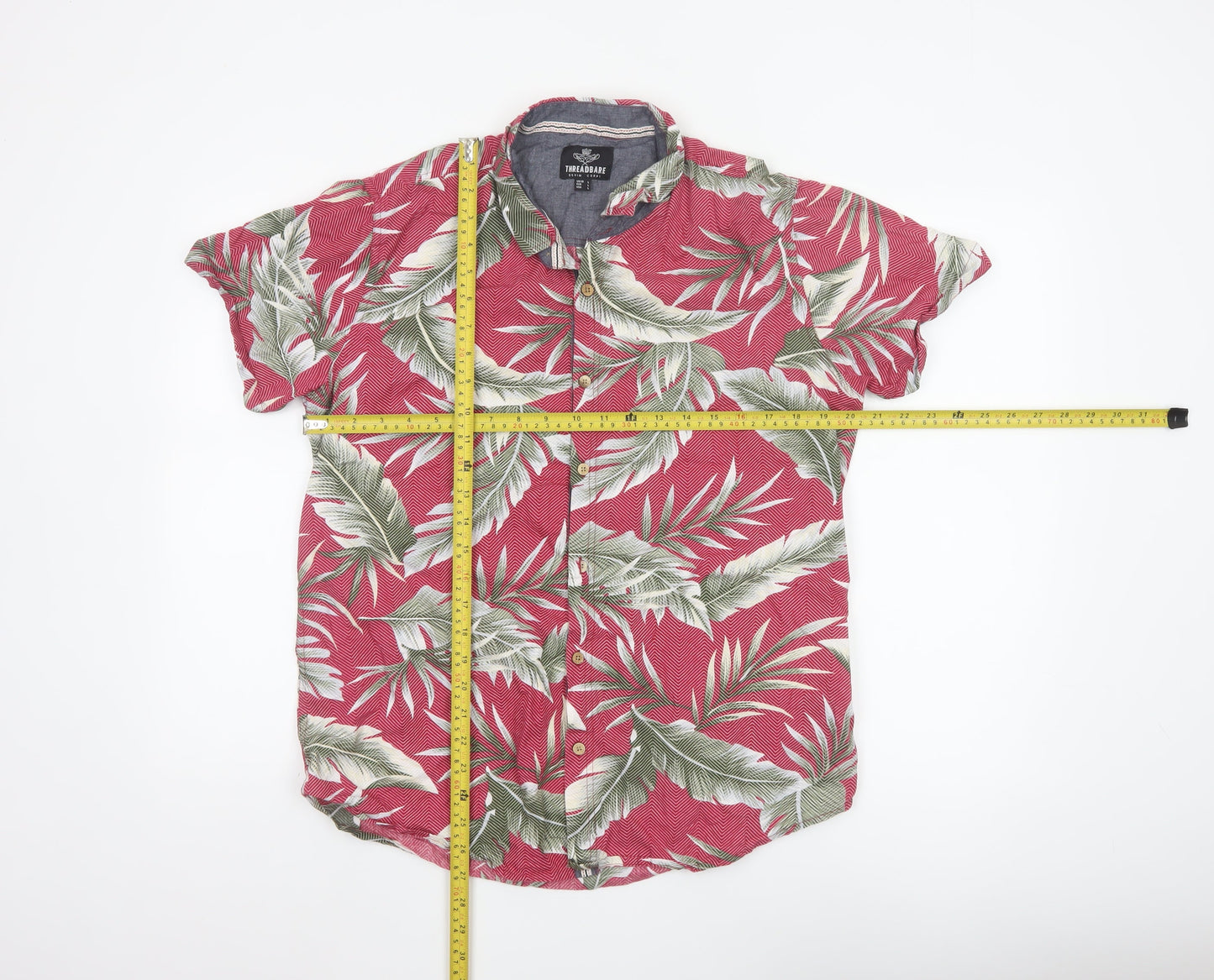 Threadbare Men's Red Tropical Leaf Short Sleeve Cotton Shirt L