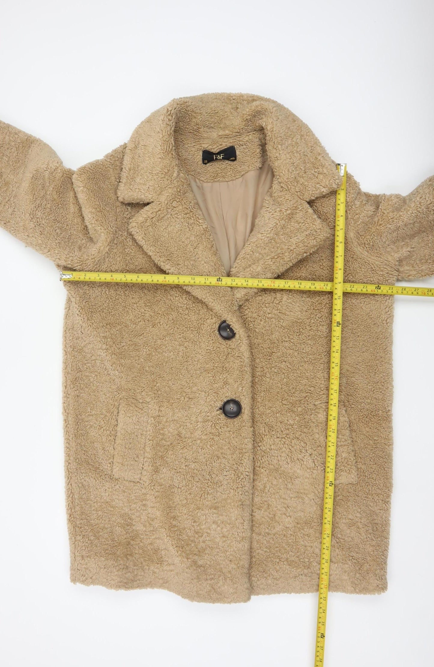 F&F Women's Beige Teddy Overcoat Size 12 Regular Mid-Length