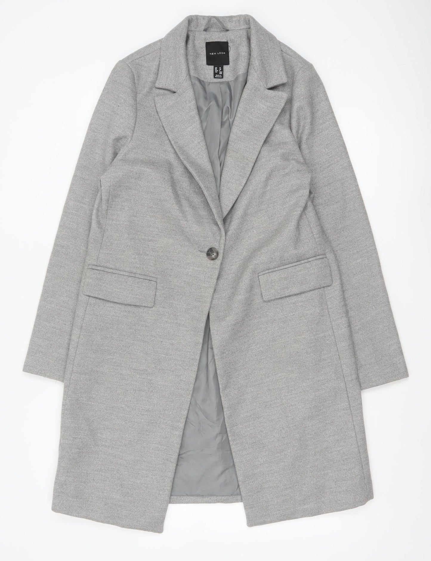 New Look Women's Grey Long Overcoat Size 10 Classic Single-Breasted