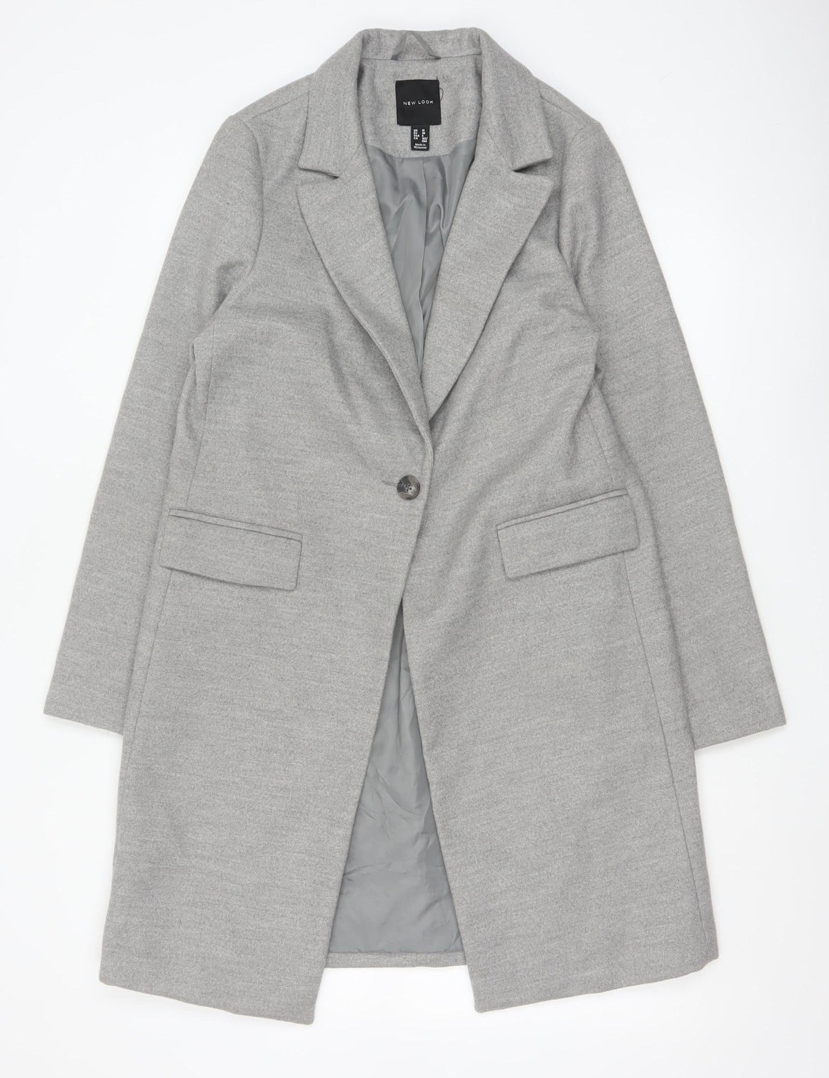 New Look Women's Grey Long Overcoat Size 10 Classic Single-Breasted