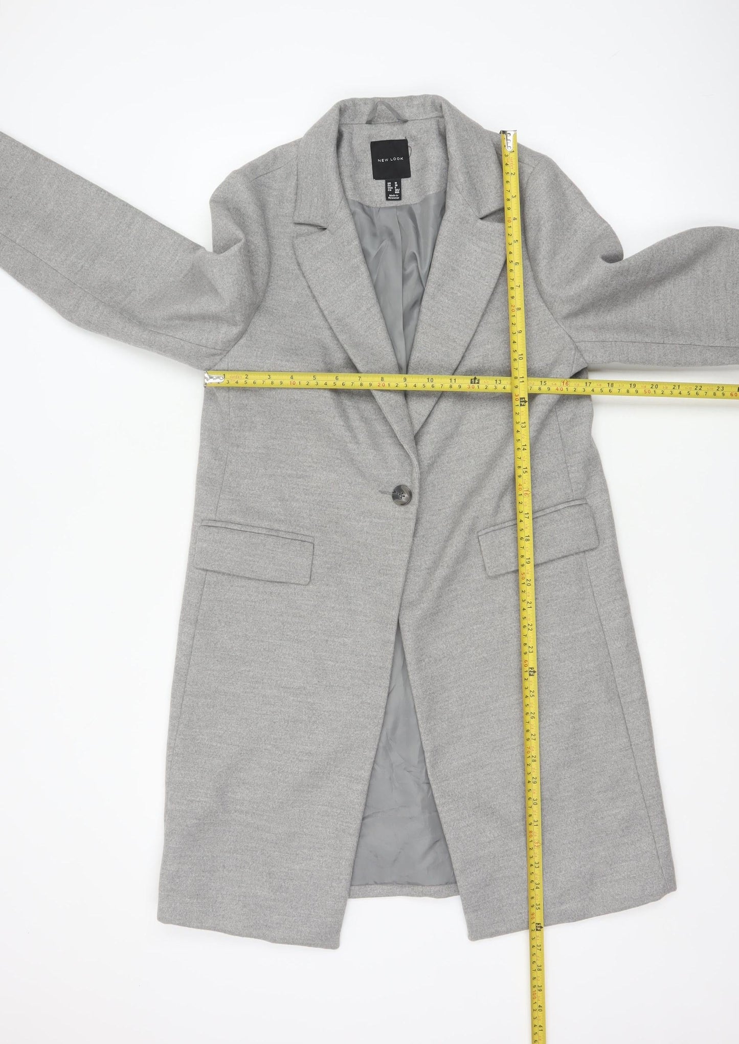 New Look Women's Grey Long Overcoat Size 10 Classic Single-Breasted