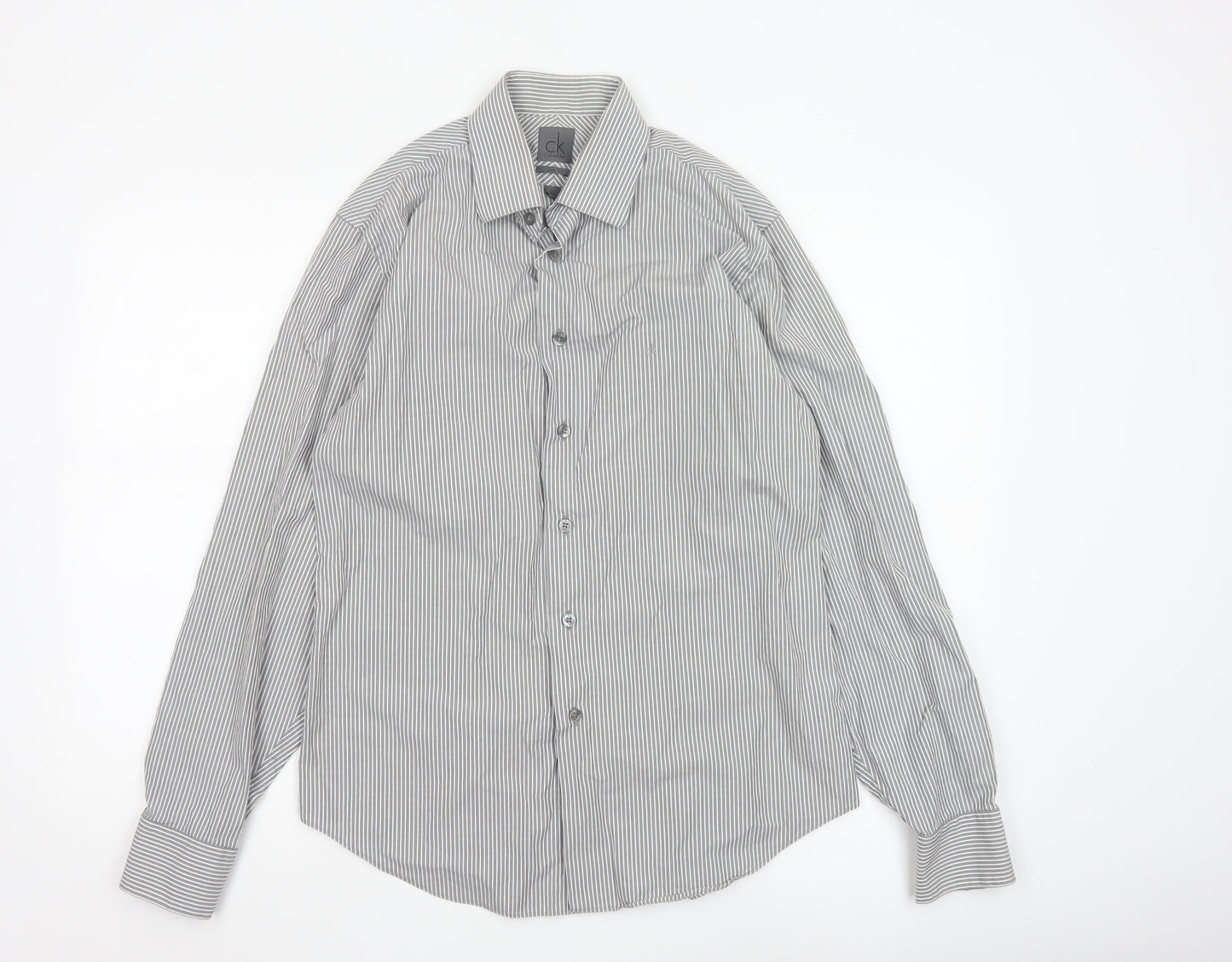 Calvin Klein Men's Grey Slim Fit Striped Long Sleeve Button-Up Shirt 15.5