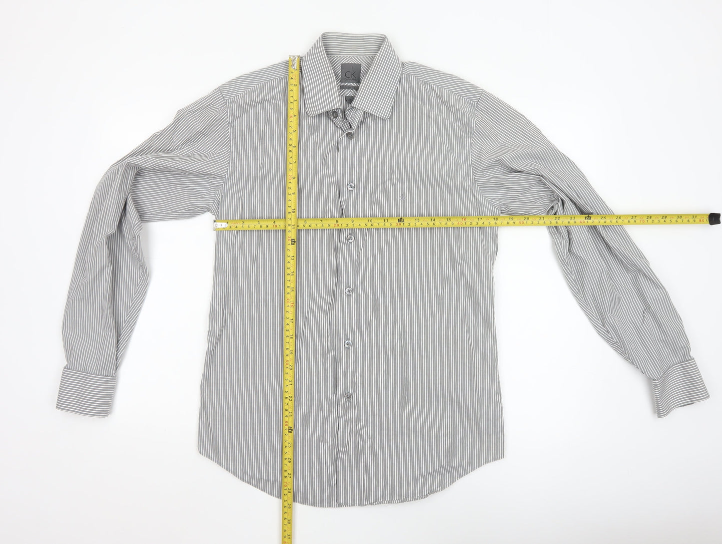 Calvin Klein Men's Grey Slim Fit Striped Long Sleeve Button-Up Shirt 15.5