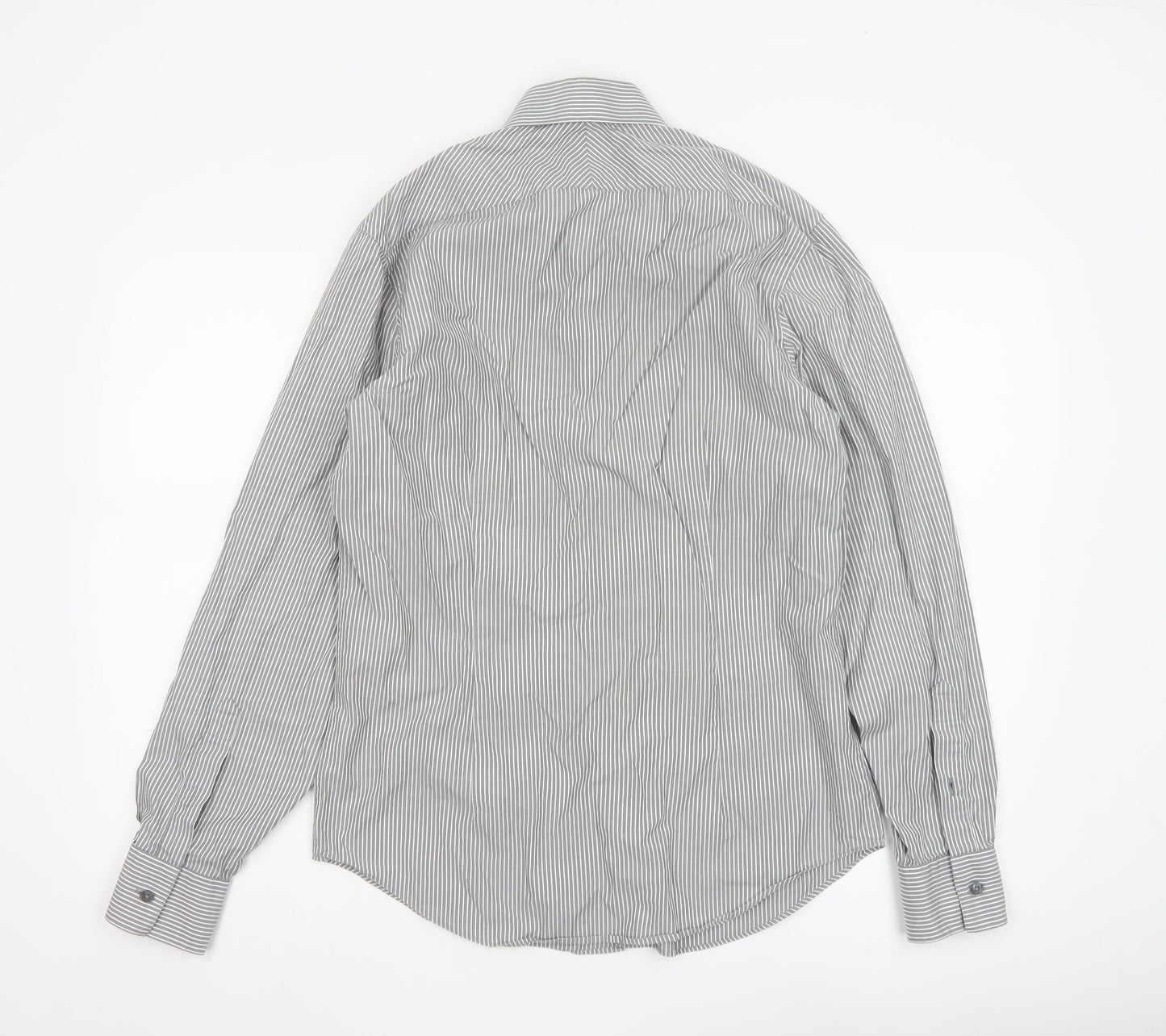 Calvin Klein Men's Grey Slim Fit Striped Long Sleeve Button-Up Shirt 15.5