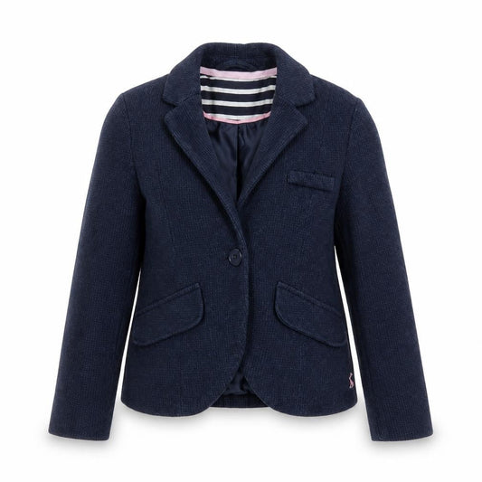 Front view of Joules girls’ blue cotton blazer jacket 7-8 years classic lined style