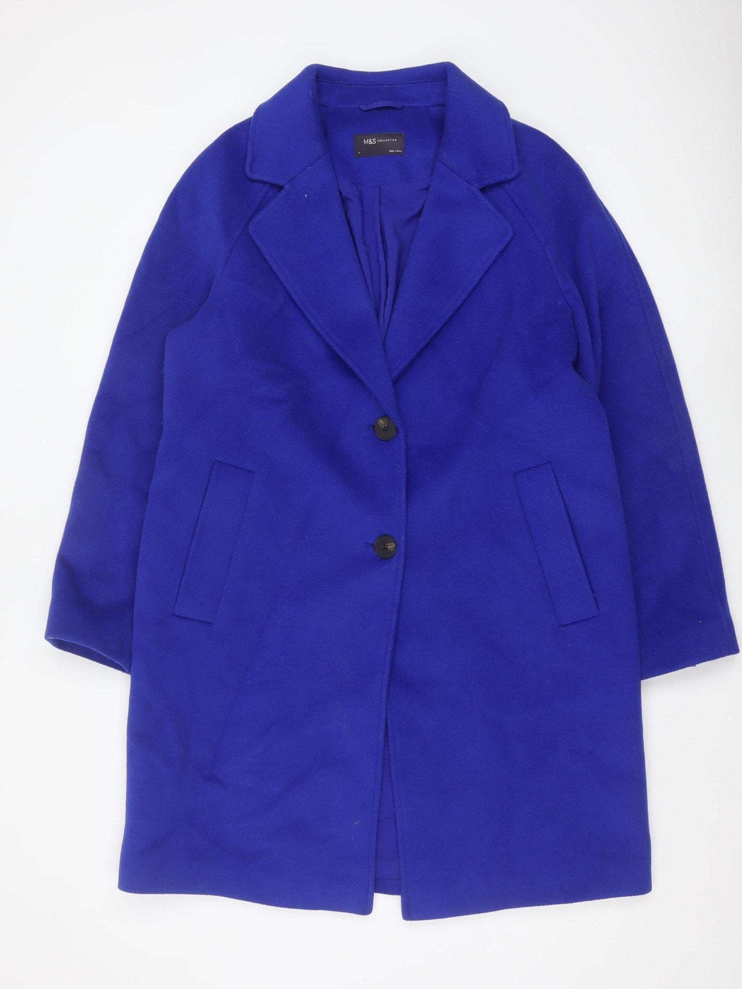 Marks and Spencer Women Blue Size 14 Overcoat Mid-Length Wool Blend Classic Style