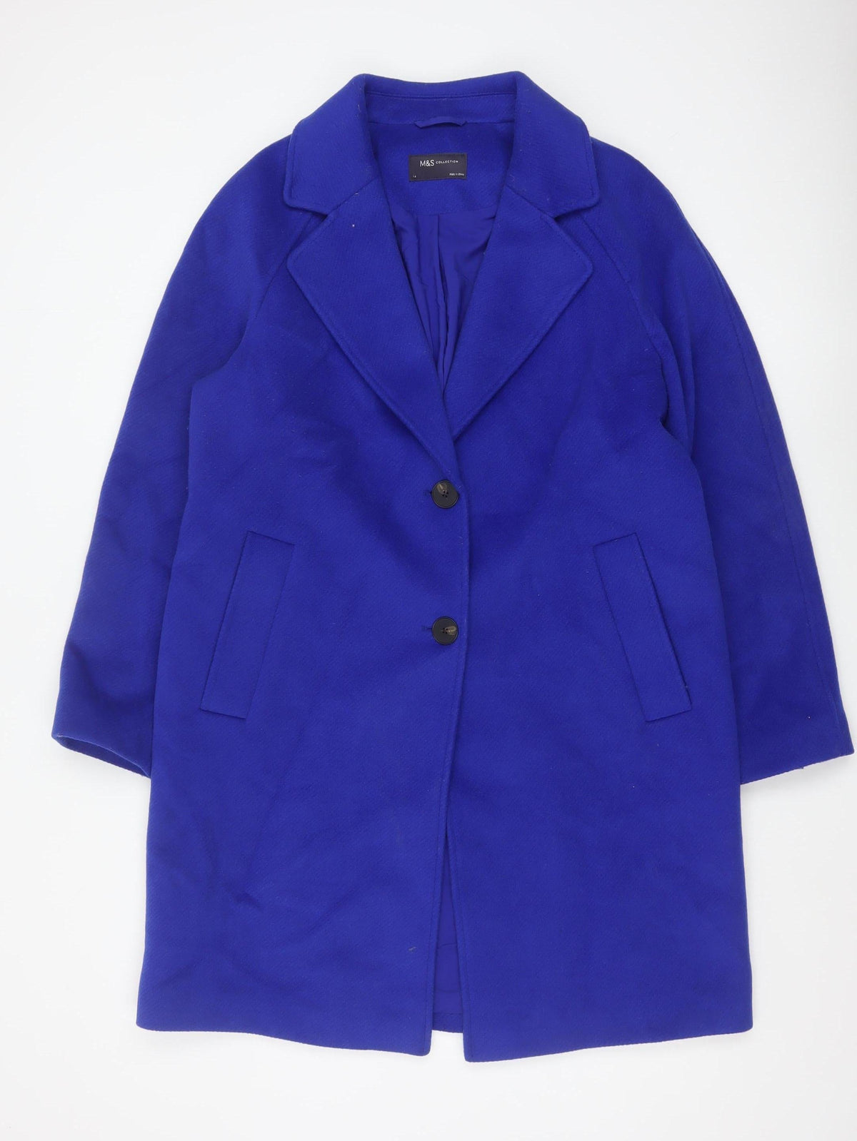 Marks & Spencer Women Blue Size 14 Overcoat Mid-Length Wool Blend Classic Style