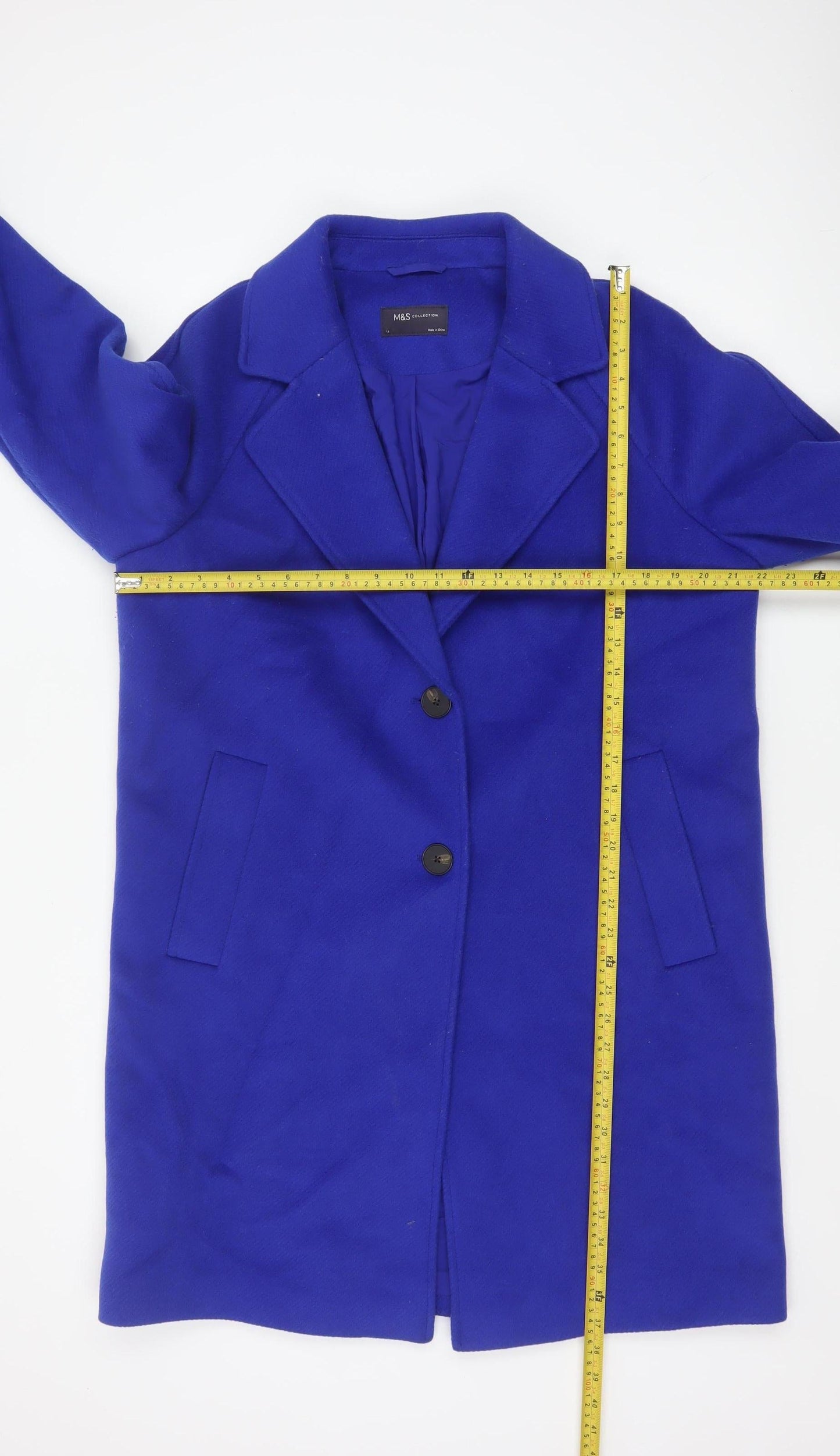 Marks and Spencer Women Blue Size 14 Overcoat Mid-Length Wool Blend Classic Style