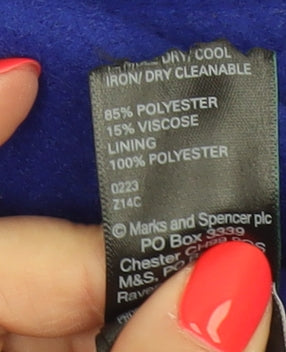 Marks and Spencer Women Blue Size 14 Overcoat Mid-Length Wool Blend Classic Style