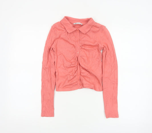 Zara Women Pink Cropped Button-Up Collared Top Long Sleeve S