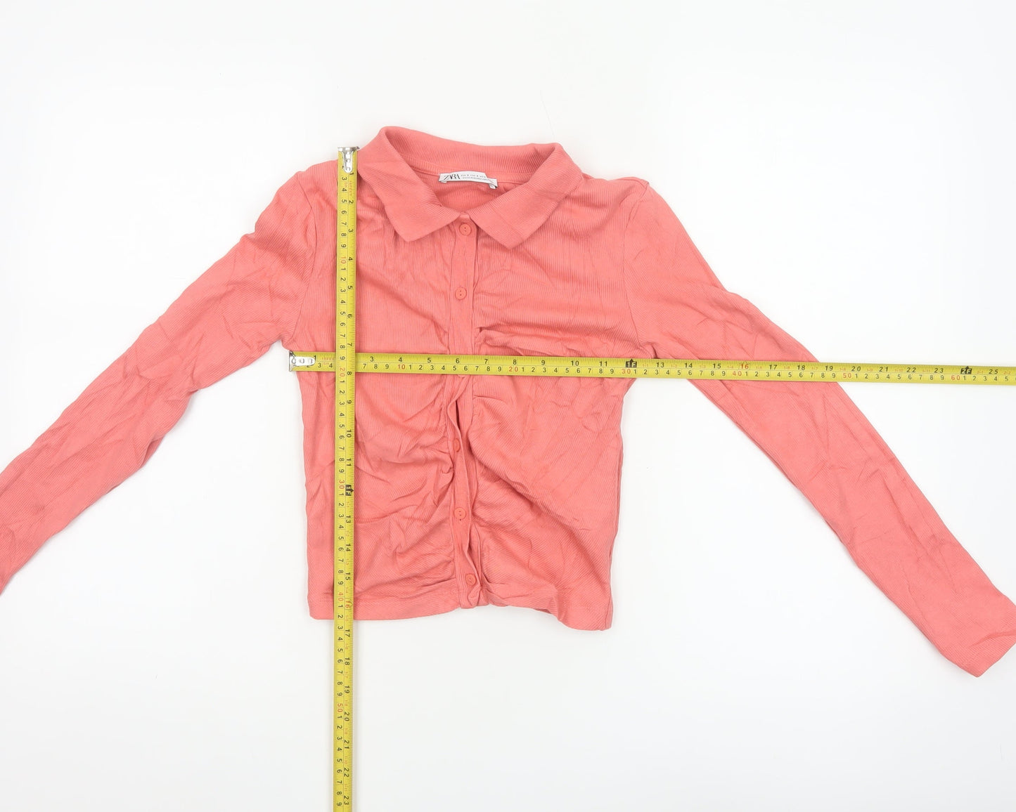Zara Women Pink Cropped Button-Up Collared Top Long Sleeve S