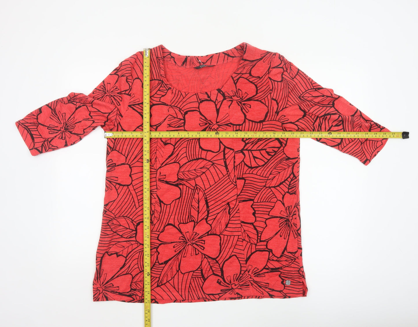 TIGI Womens Red Floral 3/4 Sleeve Tunic Top Size 14/16