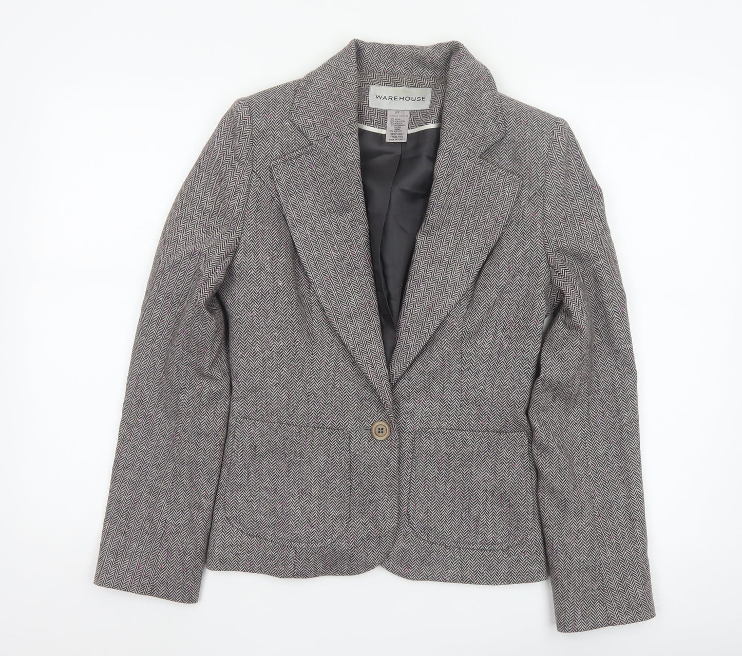 Warehouse Women’s Grey Herringbone Wool Blend Tailored Blazer UK 10