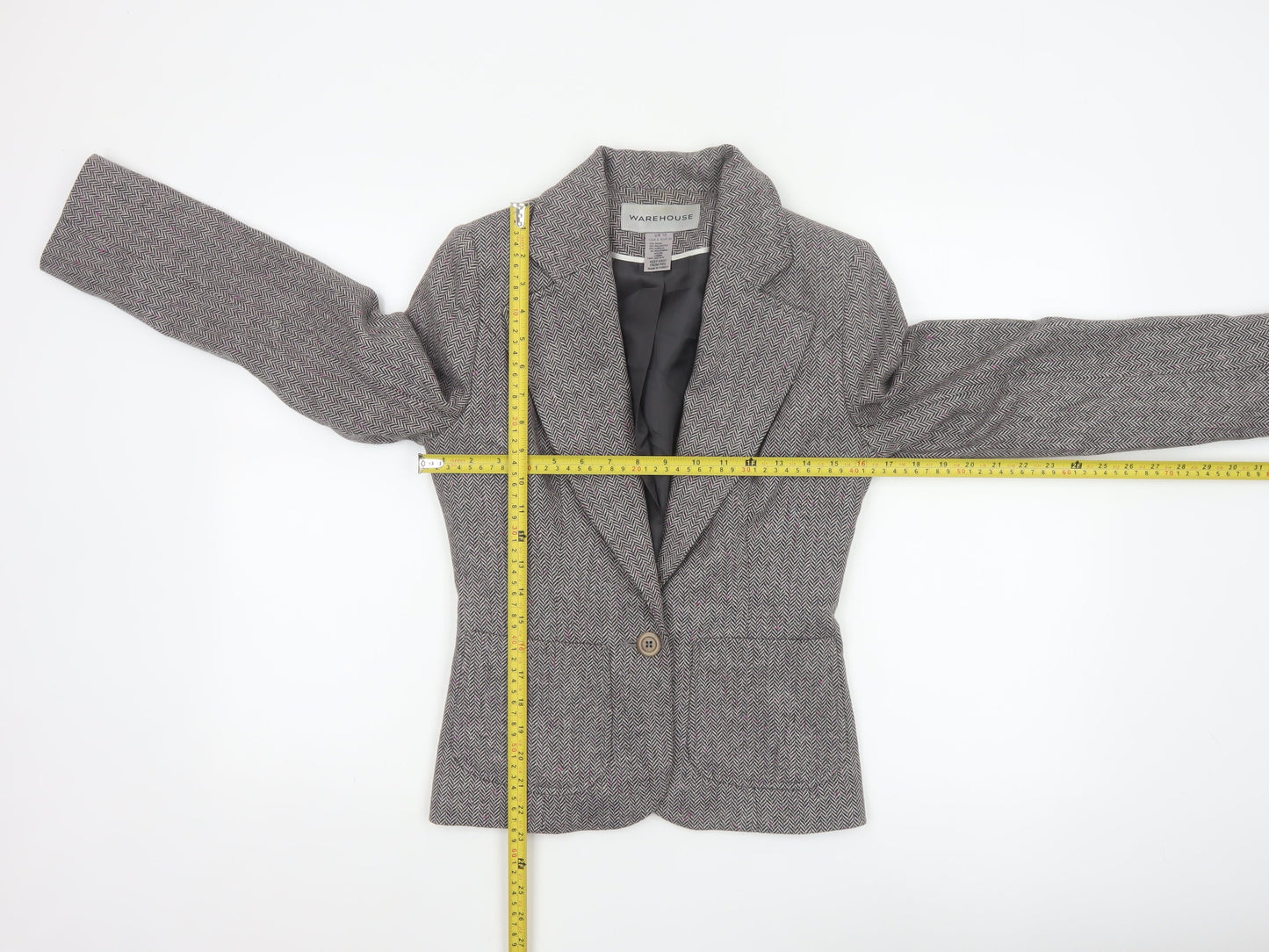 Warehouse Women’s Grey Herringbone Wool Blend Tailored Blazer UK 10