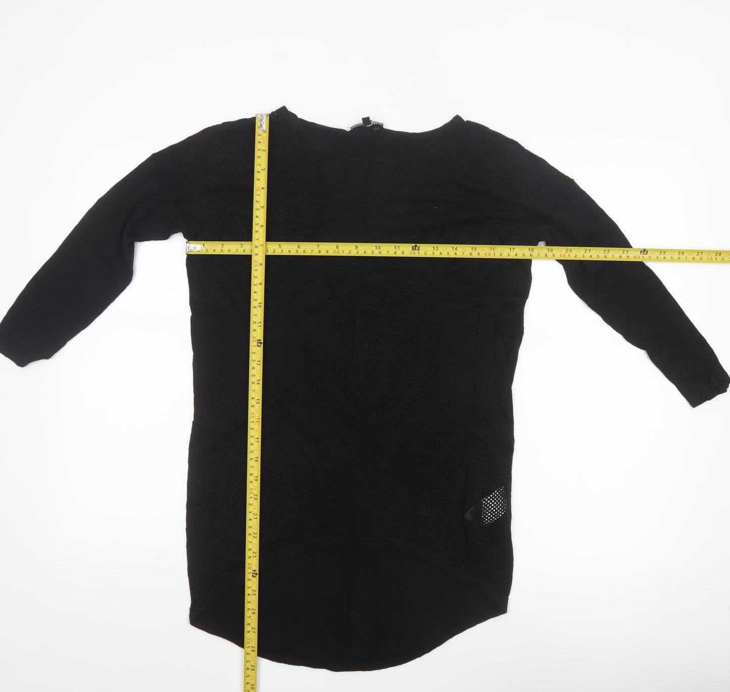 Warehouse Women’s Black Tunic Blouse Size 8 Viscose Crochet 3/4 Sleeve