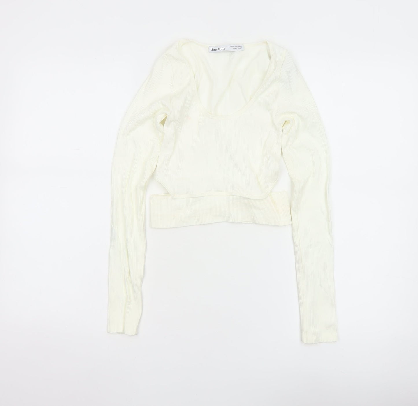 Bershka Women’s Ivory Cropped Long Sleeve Stretch Top Size 6