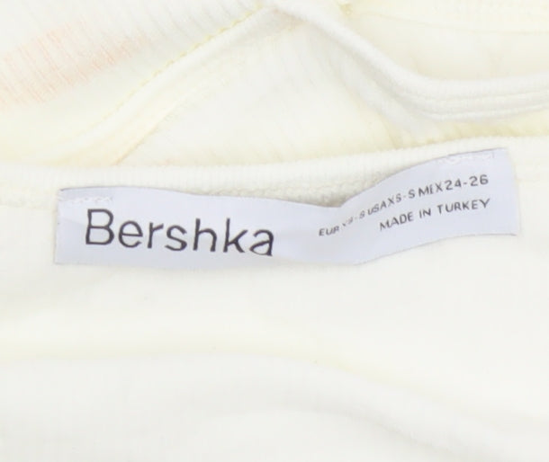 Bershka Women’s Ivory Cropped Long Sleeve Stretch Top Size 6
