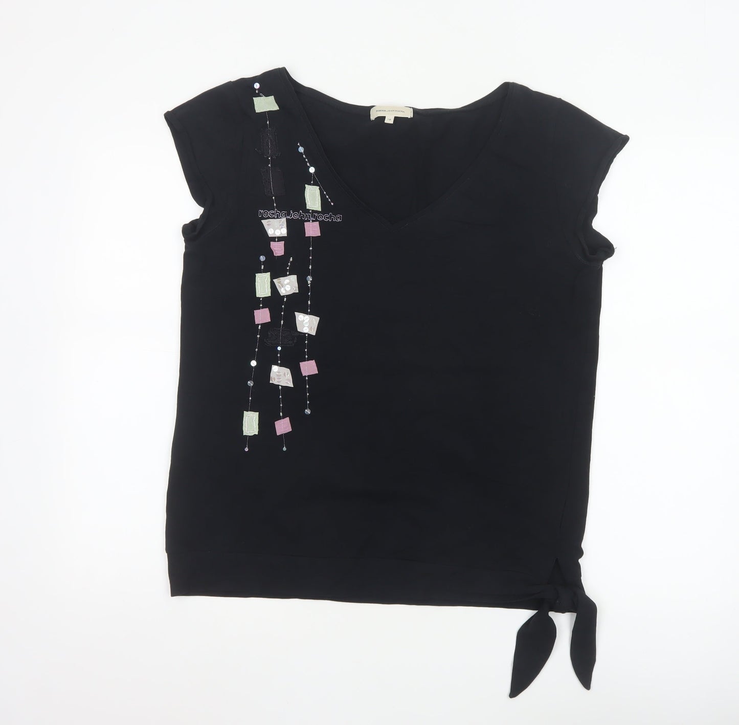 Rocha.John Rocha Women Black Beaded V-Neck Wrap Blouse Size 18