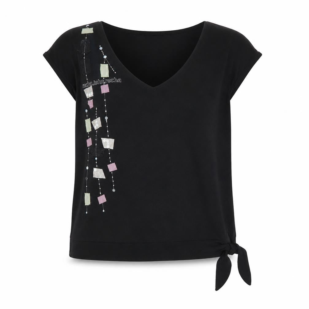 RJR.John Rocha Women Black Beaded V-Neck Wrap Blouse Size 18