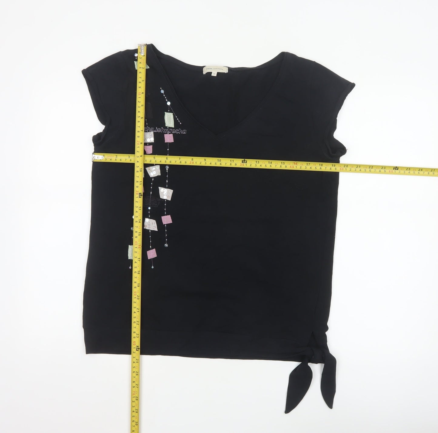 Rocha.John Rocha Women Black Beaded V-Neck Wrap Blouse Size 18