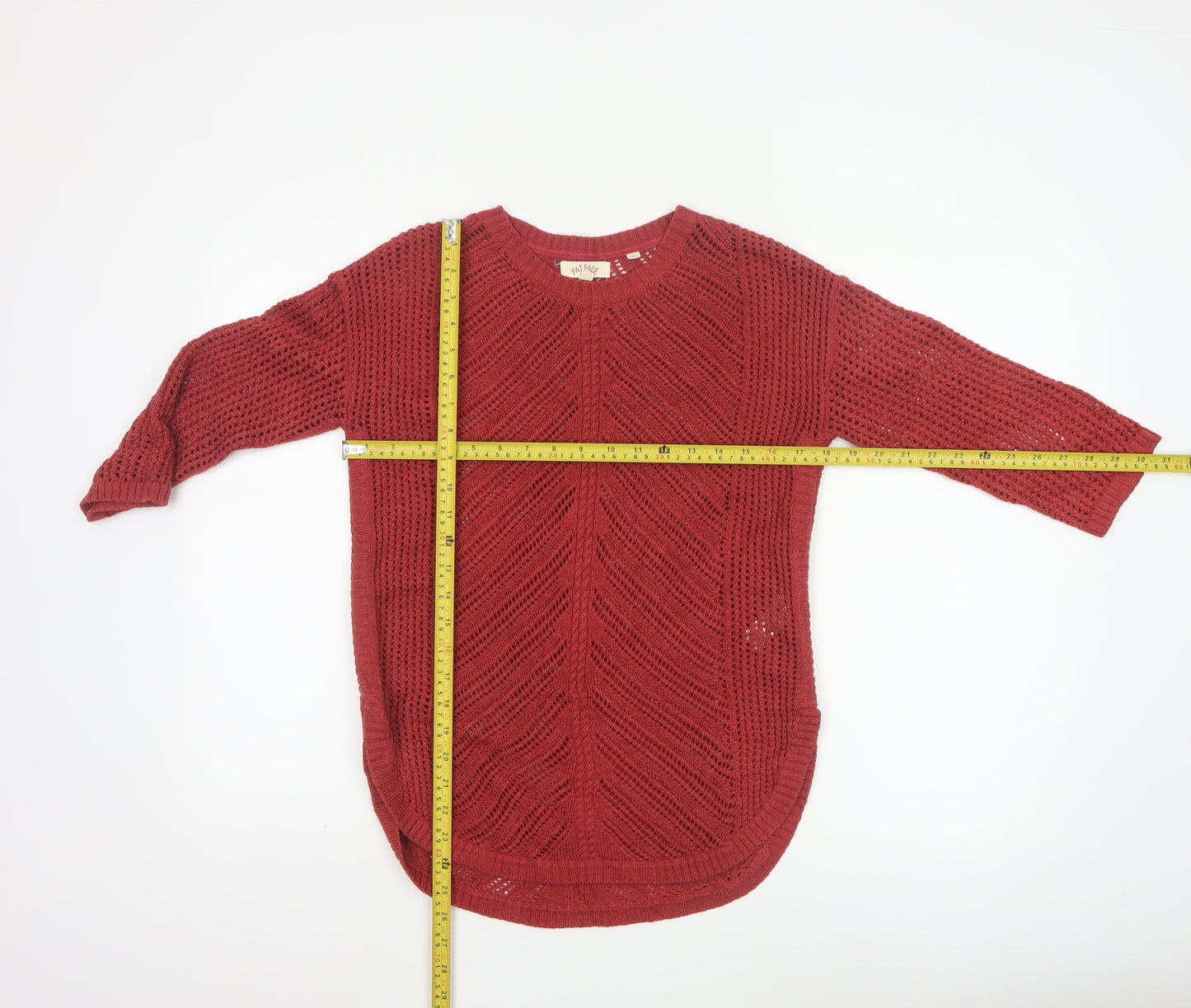 Fat Face Women's Red Open-Knit 3/4 Sleeve Pullover Jumper Size 10