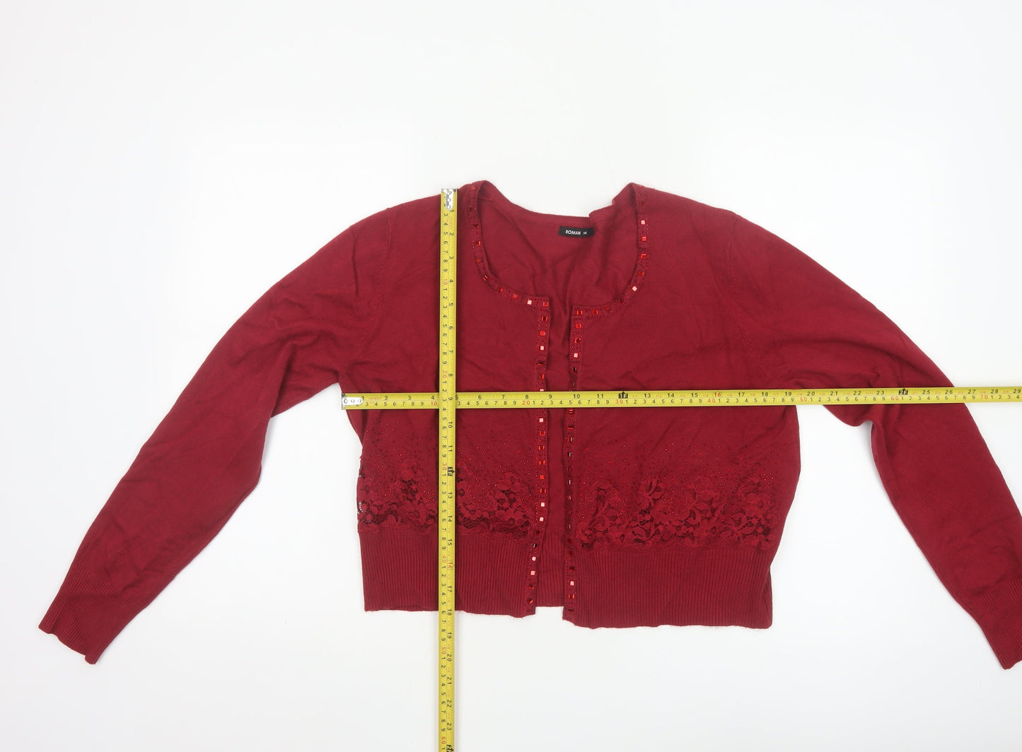 Roman Women Red Beaded Lace Cardigan Size 14