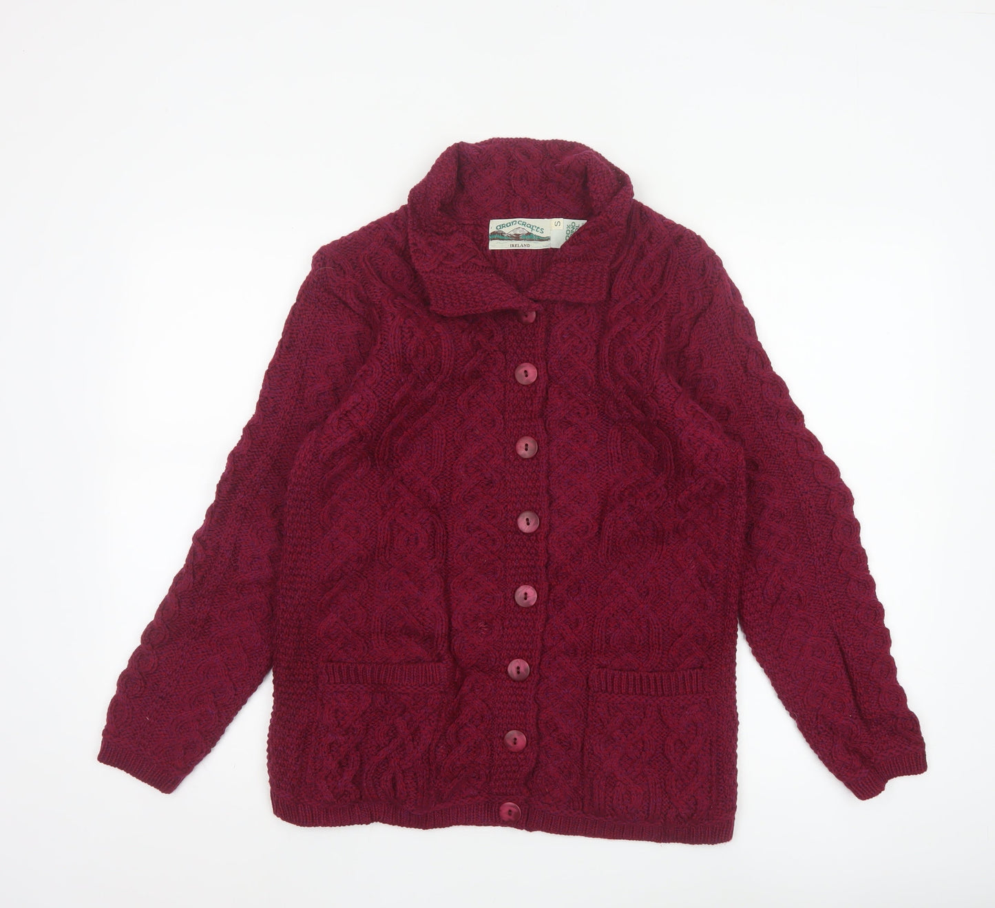 Aran Crafts Women Red Merino Wool Cable Knit Button Cardigan S