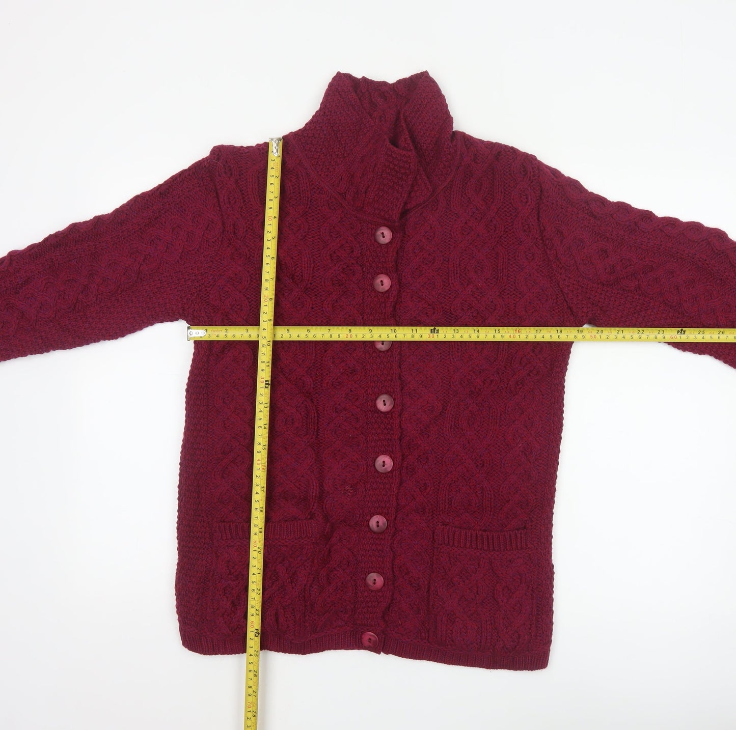 Aran Crafts Women Red Merino Wool Cable Knit Button Cardigan S