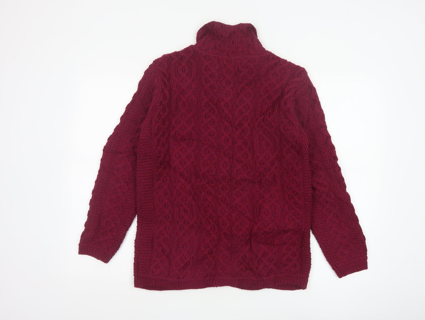 Aran Crafts Women Red Merino Wool Cable Knit Button Cardigan S