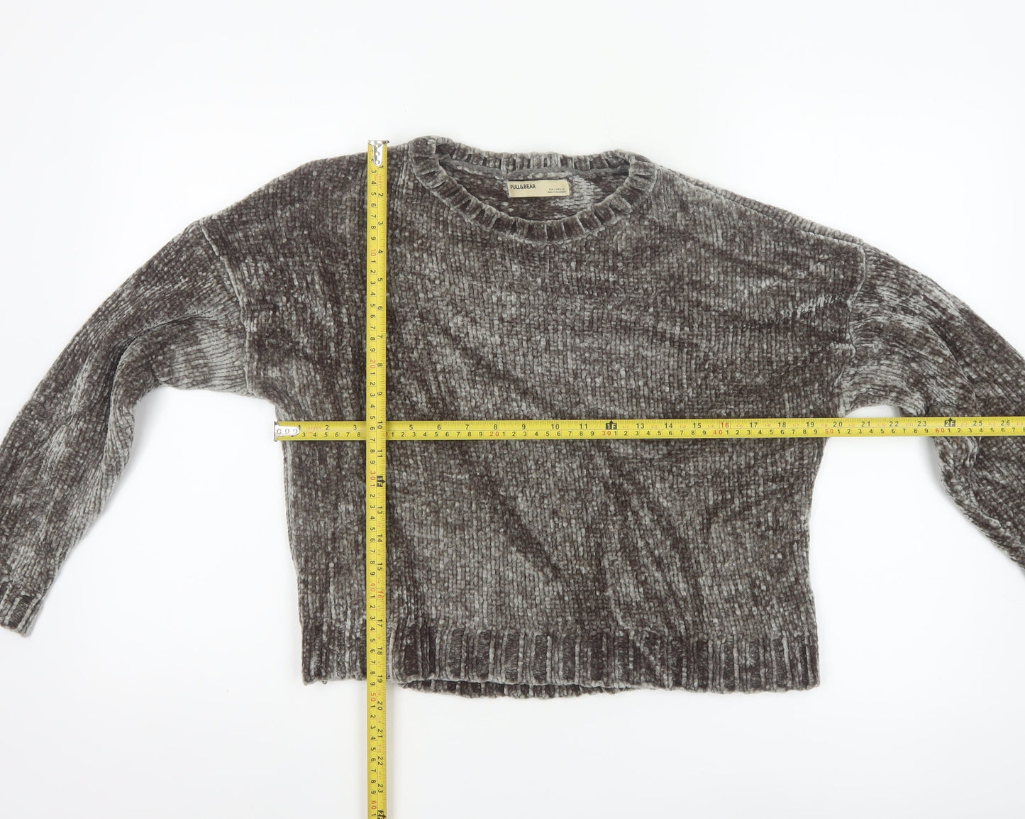 Pull & Bear Womens Grey Chunky Knit Velvet Jumper Size 8