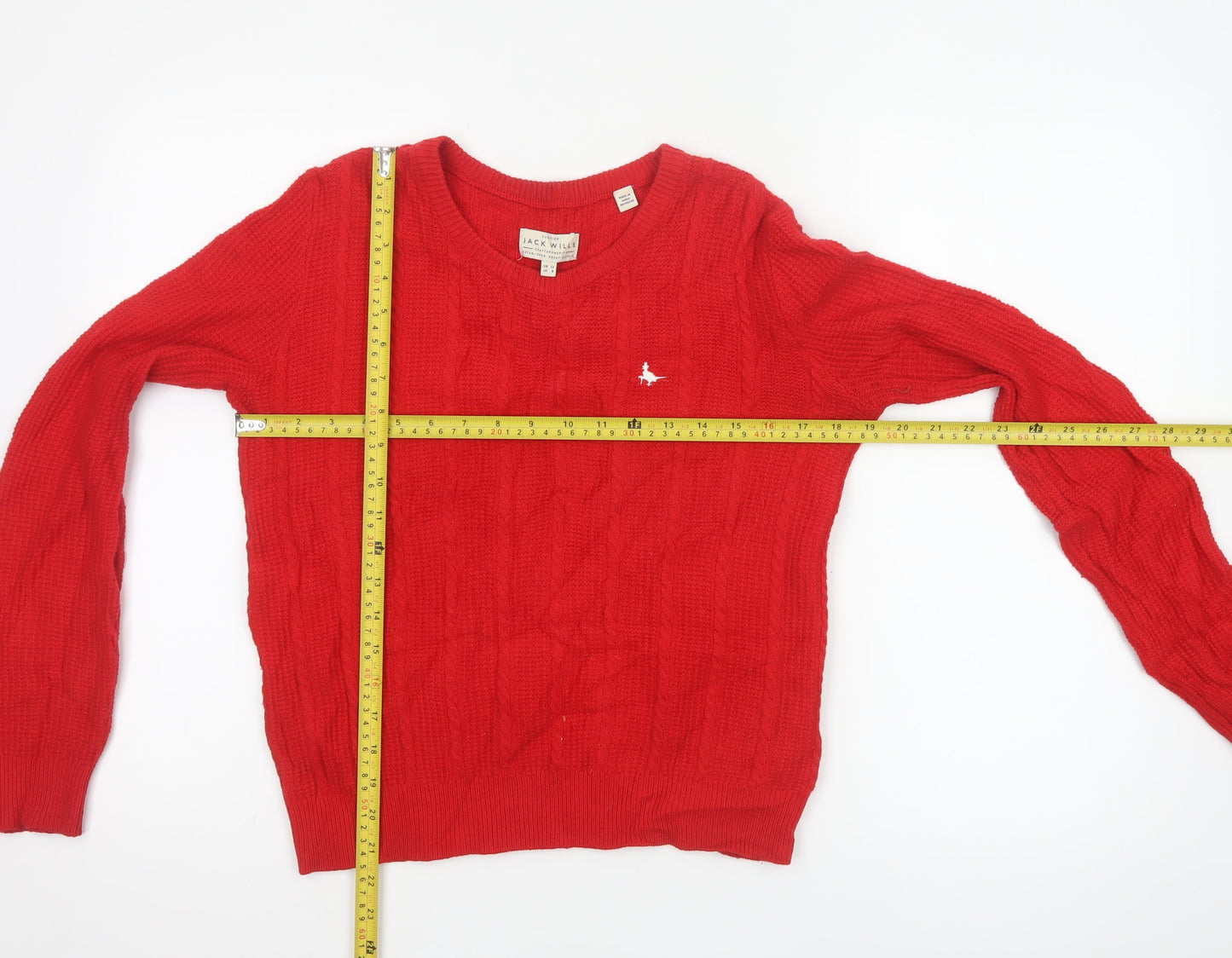 Jack Wills Women Red Cable-Knit Wool Cotton V-Neck Jumper Size 12