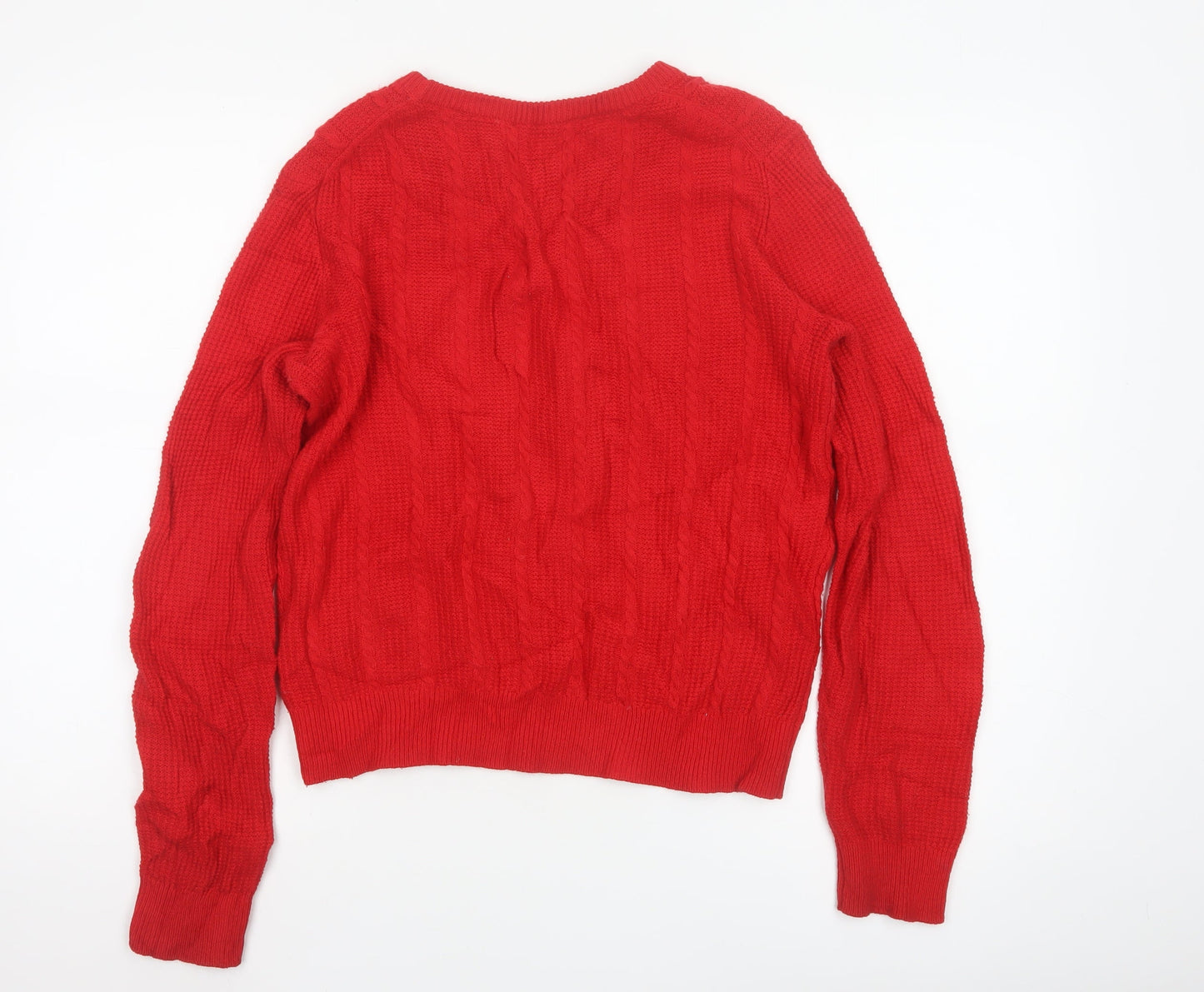 Jack Wills Women Red Cable-Knit Wool Cotton V-Neck Jumper Size 12