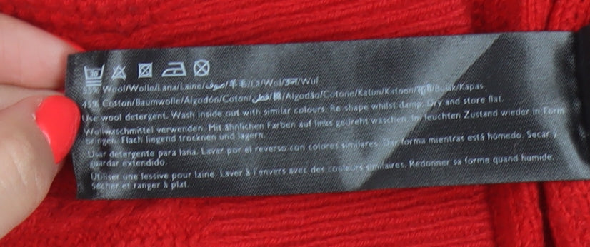 Jack Wills Women Red Cable-Knit Wool Cotton V-Neck Jumper Size 12