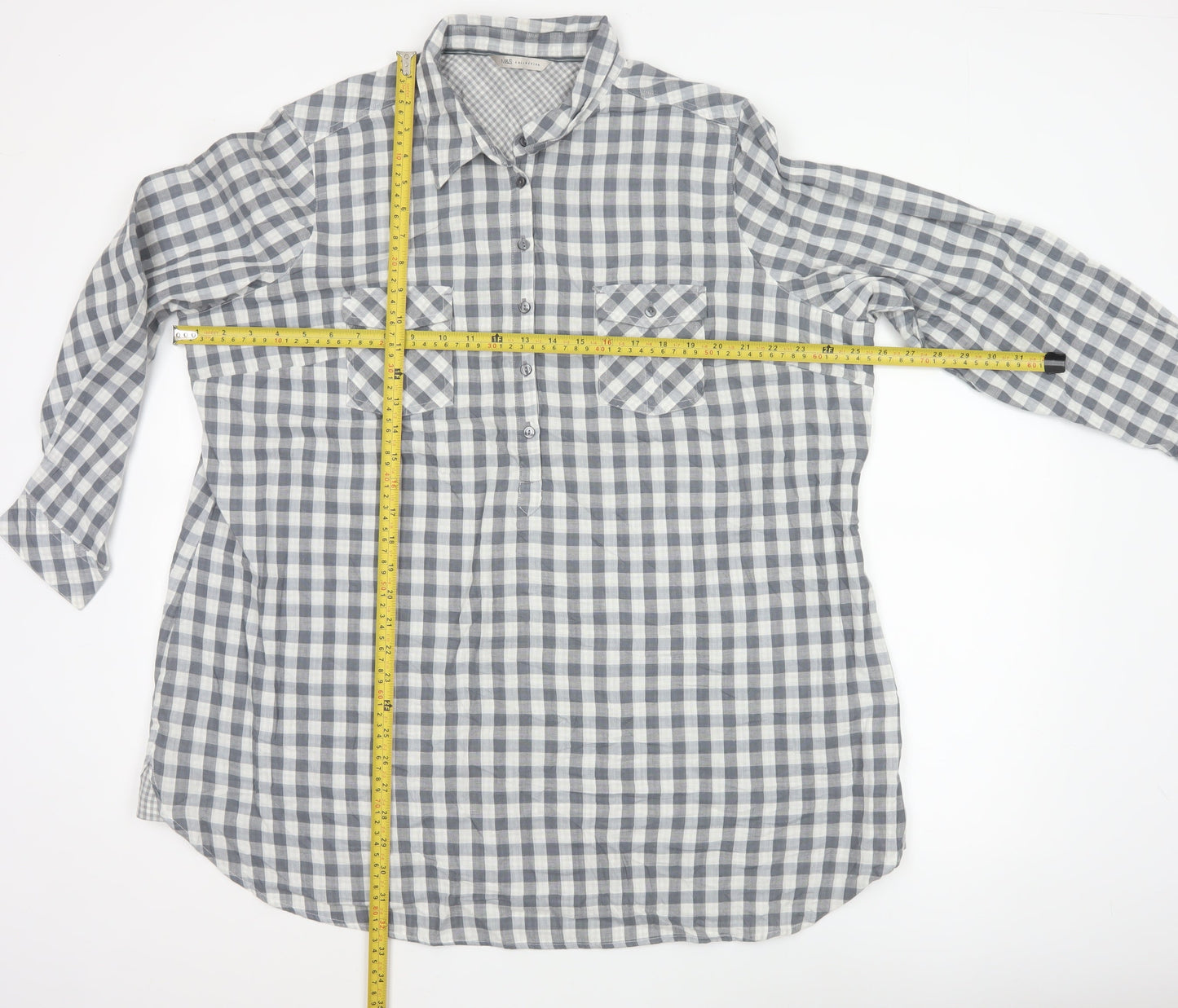 Marks and Spencer Women's Grey Check Cotton Long Sleeve Shirt UK 24