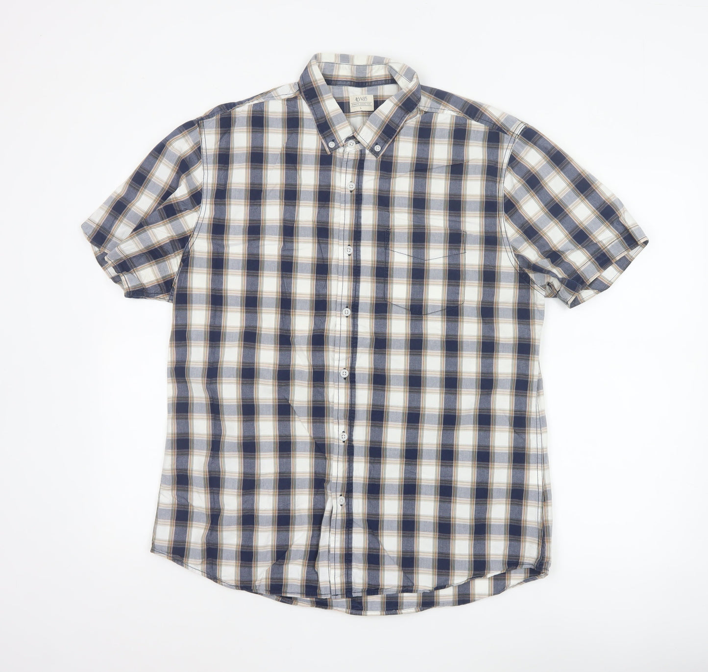 ACW85 Men's Blue Check Short Sleeve Button-Up Cotton Shirt L