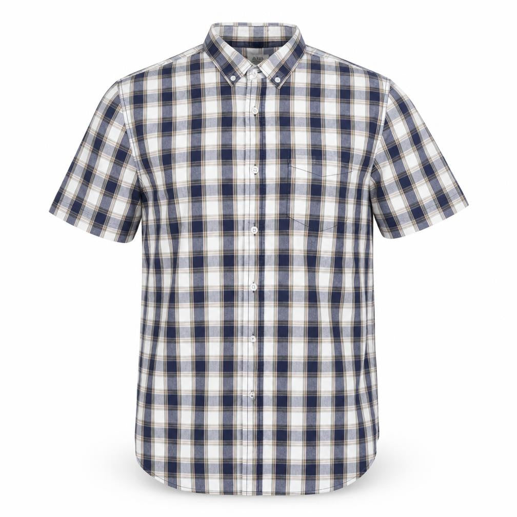 ACW85 Men's Blue Check Short Sleeve Button-Up Cotton Shirt L