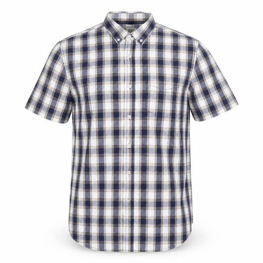 ACW85 Men's Blue Check Short Sleeve Button-Up Cotton Shirt L