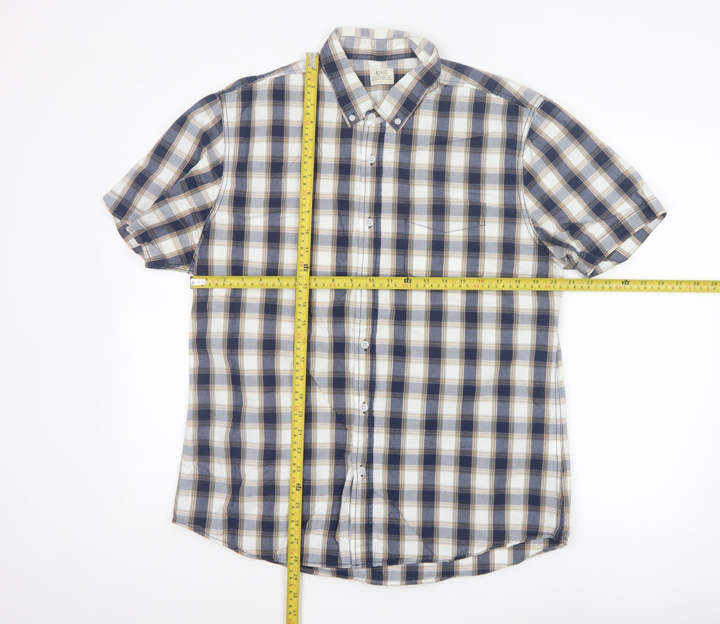 ACW85 Men's Blue Check Short Sleeve Button-Up Cotton Shirt L