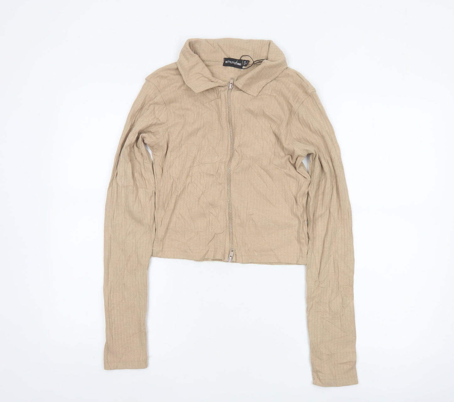 PrettyLittleThing Women Beige Cropped Zip Blouse UK 12